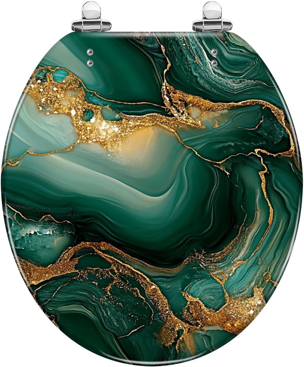 Toiletbril Hars - Zachte Sluiting - Badkamer Vernieuwen - Abstract Marmer Design - 41.9 x 36.8 cm - Groen Goud