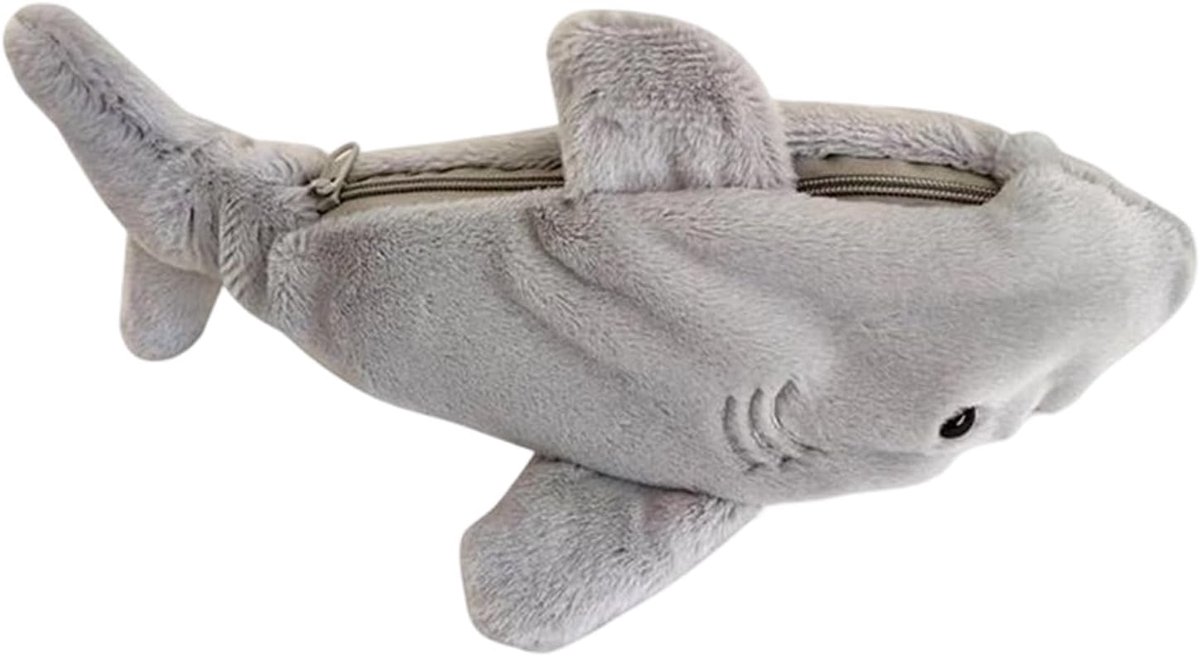 Potloodtas Pluche Dier - Etui School - Briefwaren Opbergen - Creatief Haaiendesign - 24 x 10 cm - Grijs