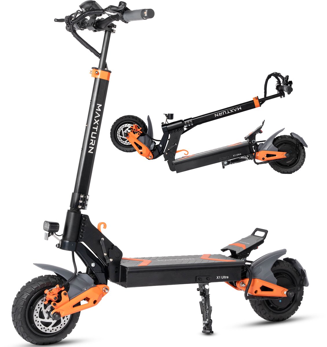 MAXTURN X1 Ultra Elektrische Step - 48V 20.8Ah/999Wh batterij - 75km Bereik - 500W Motor - Maximale snelheid 25 km/u - 10 Inch Tubeless Banden - Hydraulische Vering - Opvouwbaar - LED-Display - Oranje/Zwart