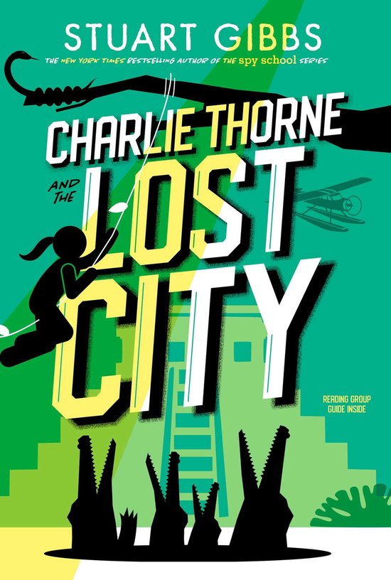 Boekomslag 'Charlie Thorne and the Lost City' met silhouetten van krokodillen en een vliegtuigje. Titel is geel en wit.
