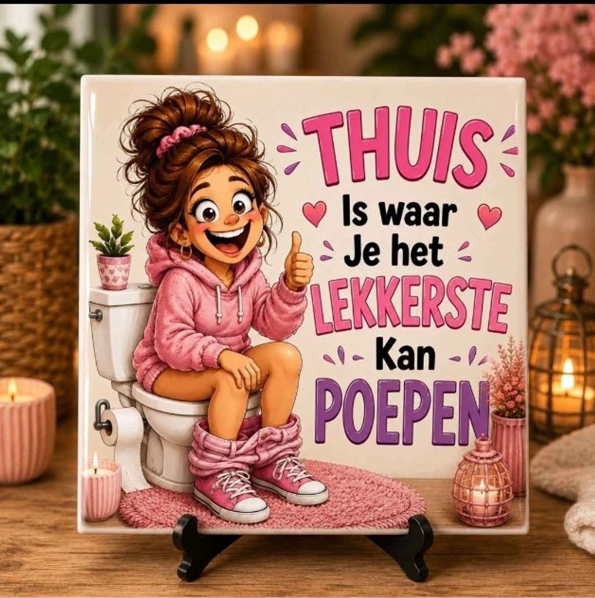 Grappig WC Tegeltje – "Thuis is waar je het lekkerste kan poepen" – Hilarisch Toilet Cadeau – Keramisch Tegeltje 15 x 15 cm