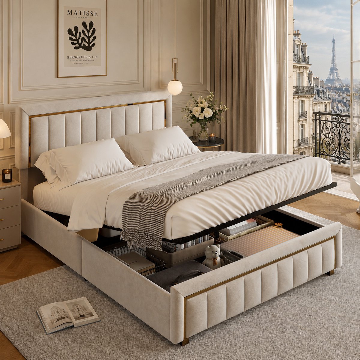 MEXUS Opbergbed 140x190 cm met lattenbodem, tweepersoonsbed met hydraulische opbergruimte en hoofdbord, gestoffeerd voor volwassenen en tieners, fluweel Beige