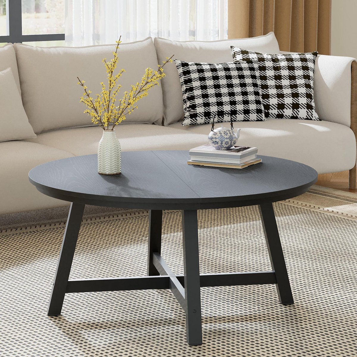 Salontafel Rond - 91x91x47cm - Grote - Metalen Poten - 4cm Tafelblad - Vintage Stijl - Voor Woonkamer - Zwart