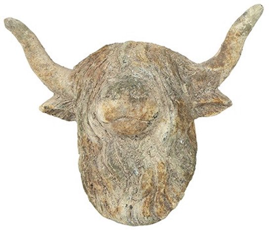 Grijze wandversiering in de vorm van een Schotse hooglander hoofd met hoorns.