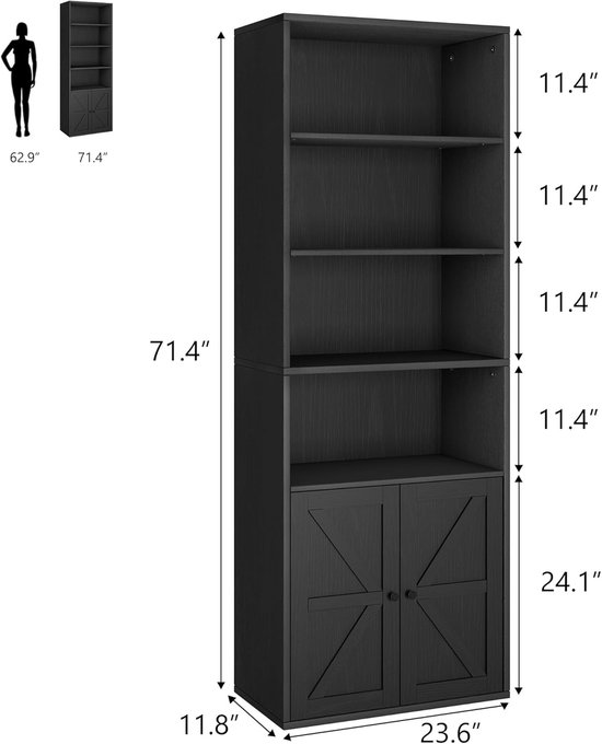 Afmetingen van de zwarte boekenkast. 71.4" hoog, 23.6" breed, 11.8" diep.