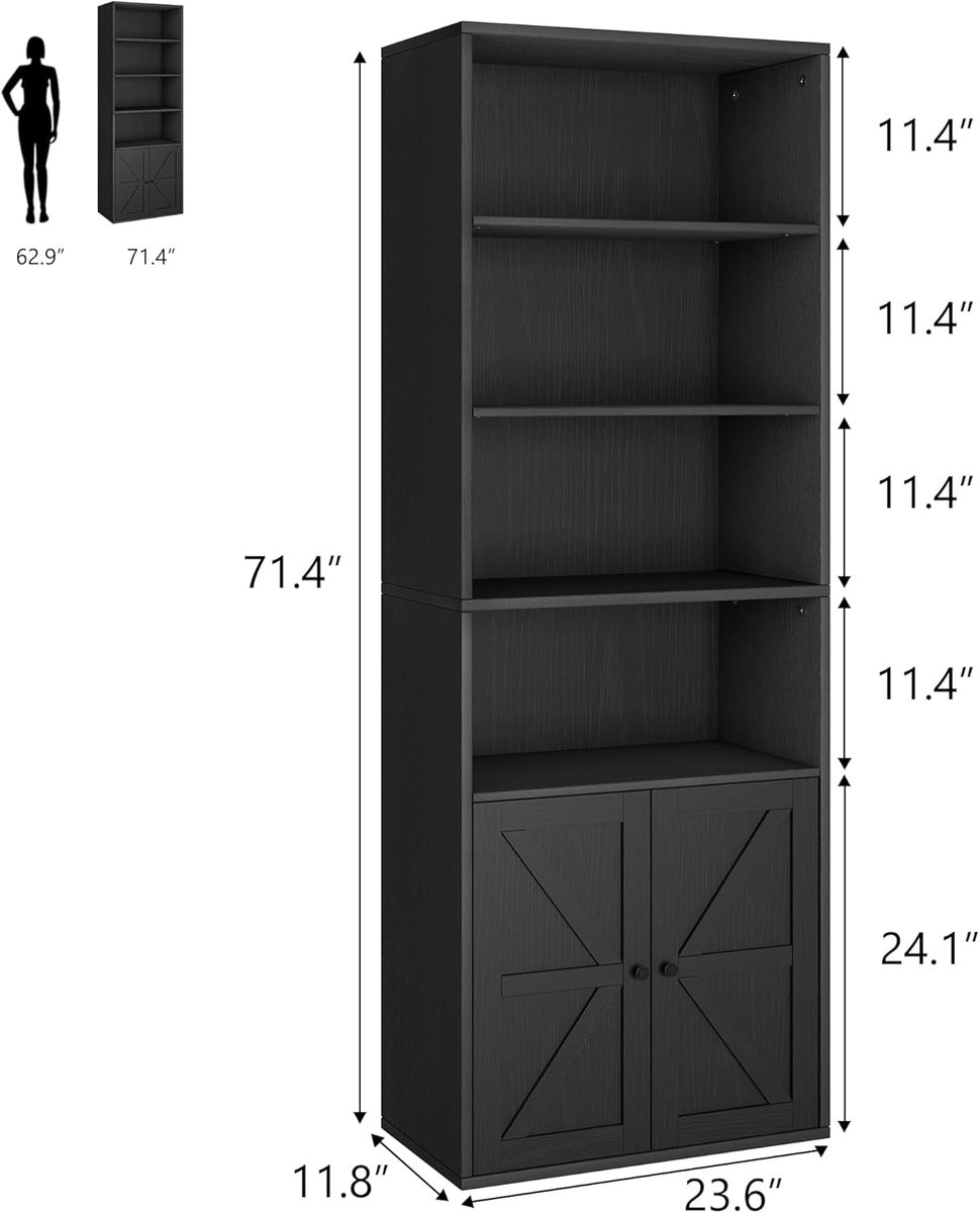 Boekenkast- opbergrek met 4 planken- opbergmeubel met 2 vakken en 2 deuren- voor kantoor- slaapkamer- woonkamer- 60x30x181cm- zwart