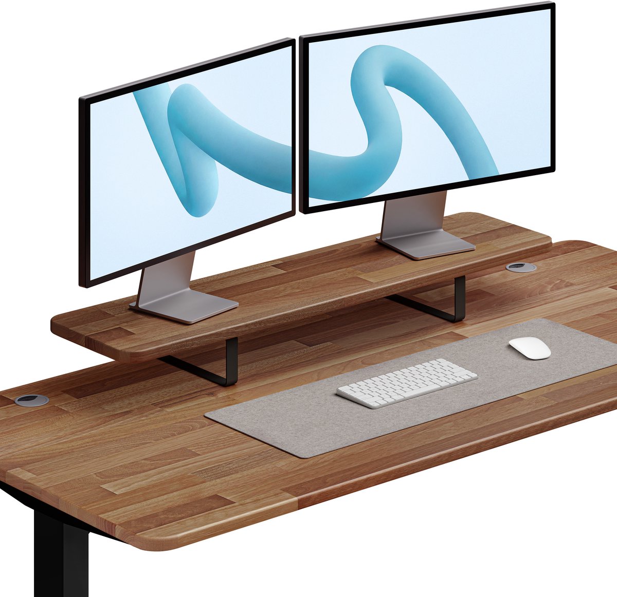 Desktronic Monitorstandaard 2 Schermen Zwart/Massief Walnoot - Monitor Verhoger Hout - 114 x 28 cm