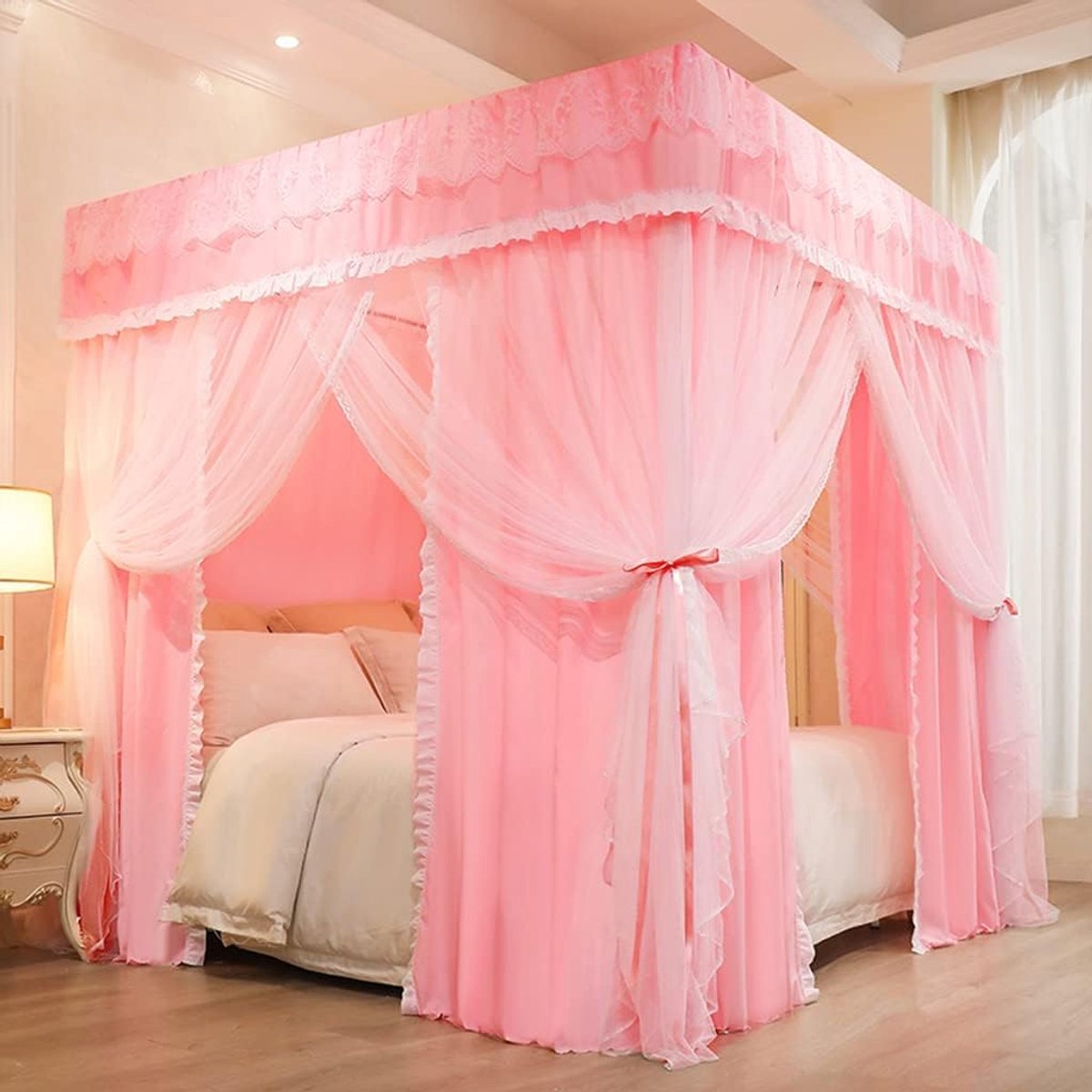 Bed Hemel - Muggennet Gordijn - Rustige Slaap - Vier Openingen - Twin XL - Roze