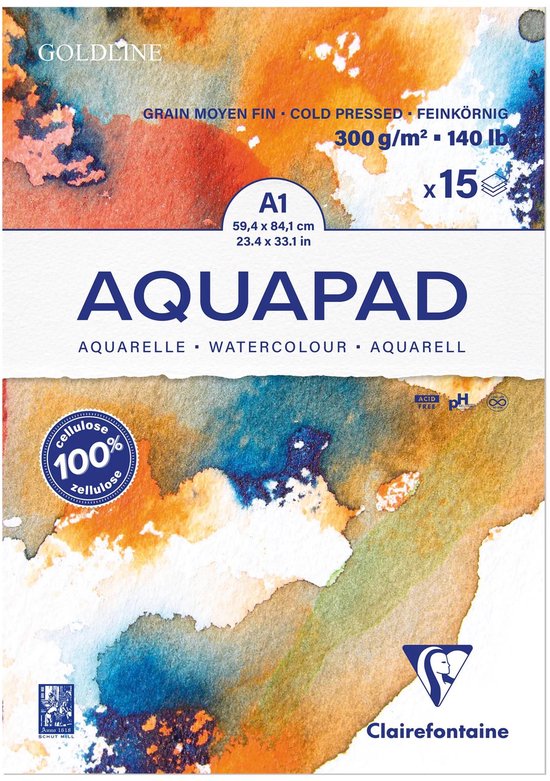 A1 Aquapad papier met abstracte aquarelverf-afdruk in oranje, blauw en geel. "GOLDLINE", "300 g/m²", "15 vel".