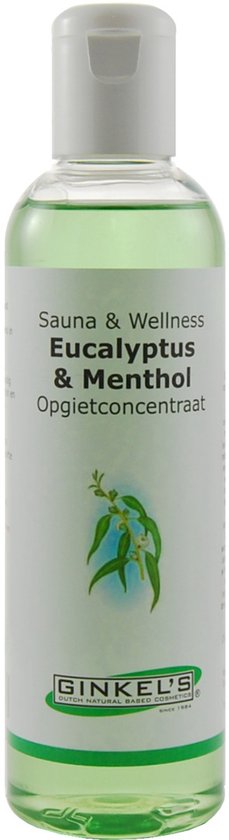 Doorzichtige fles met groene saunaconcentraat, etiket met 'Sauna & Wellness Eucalyptus & Menthol Opgetconcentraat'.