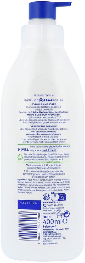 Achterkant van NIVEA Express bodylotion fles, met productinformatie en ingrediënten.