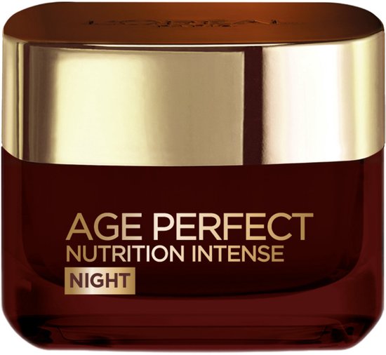 L'Oréal Paris Age Perfect, Intensief Voedend, Nachtcrème in een donkerrode pot met gouden deksel.