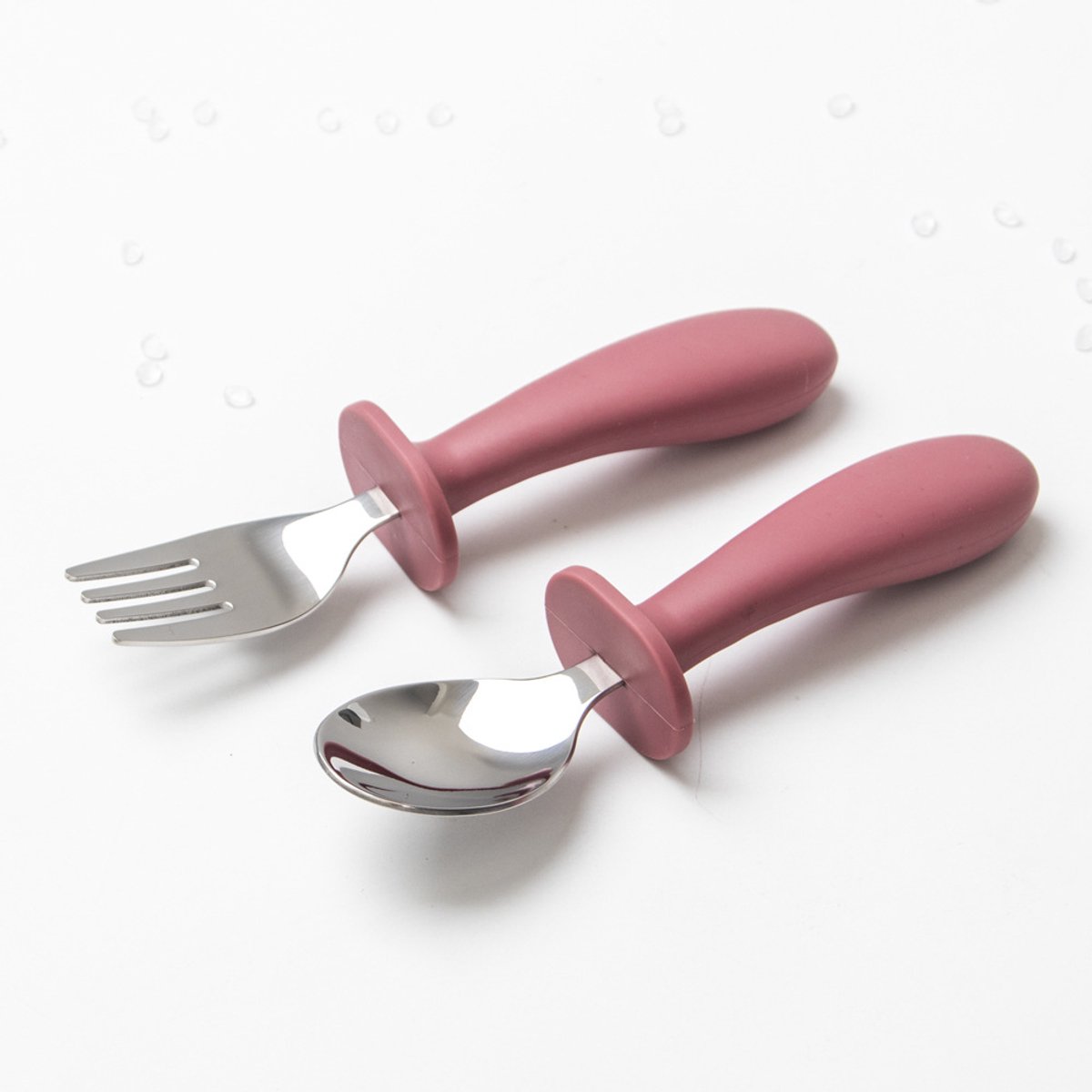 Babyservies set, 4-delige kinderlepel- en vorkenset, roestvrij staal en voedselveilig siliconen, kinderservies set,Roze rood