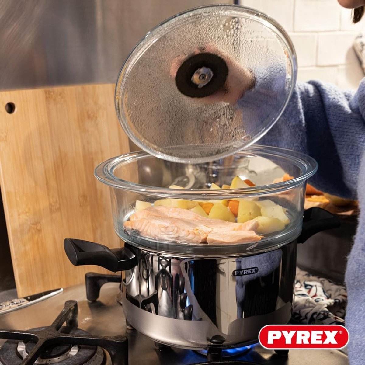 Pyrex - Steamer Basket Stoommand met Deksel Ø 20 cm 3-Delig - Transparant - Borosilicaatglas — cadeau in Kookcadeaus - foto 3