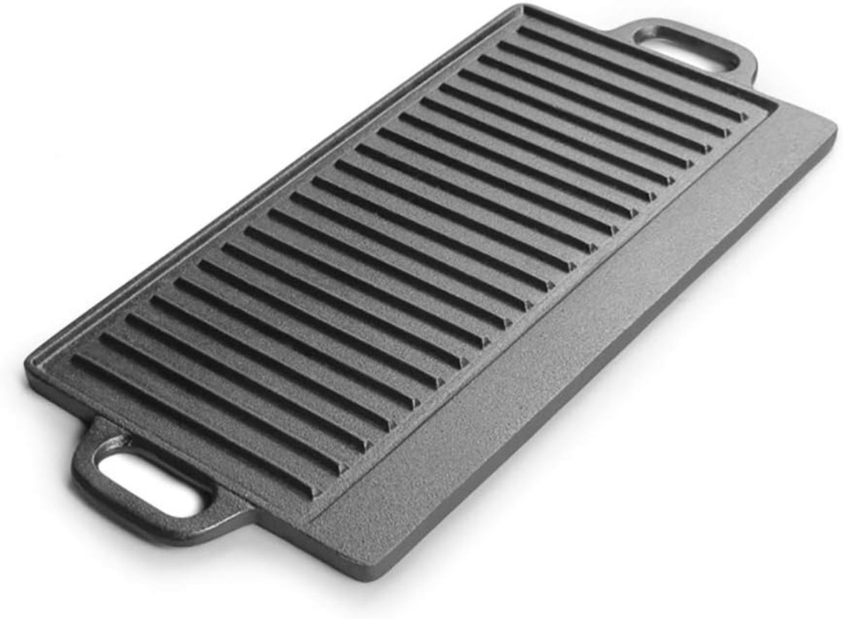 Gietijzeren Grill Pan - Bakplaat Koekenpan - Koken en Bakken - Dubbelzijdig Bruikbaar - 50 x 25 cm - Zwart