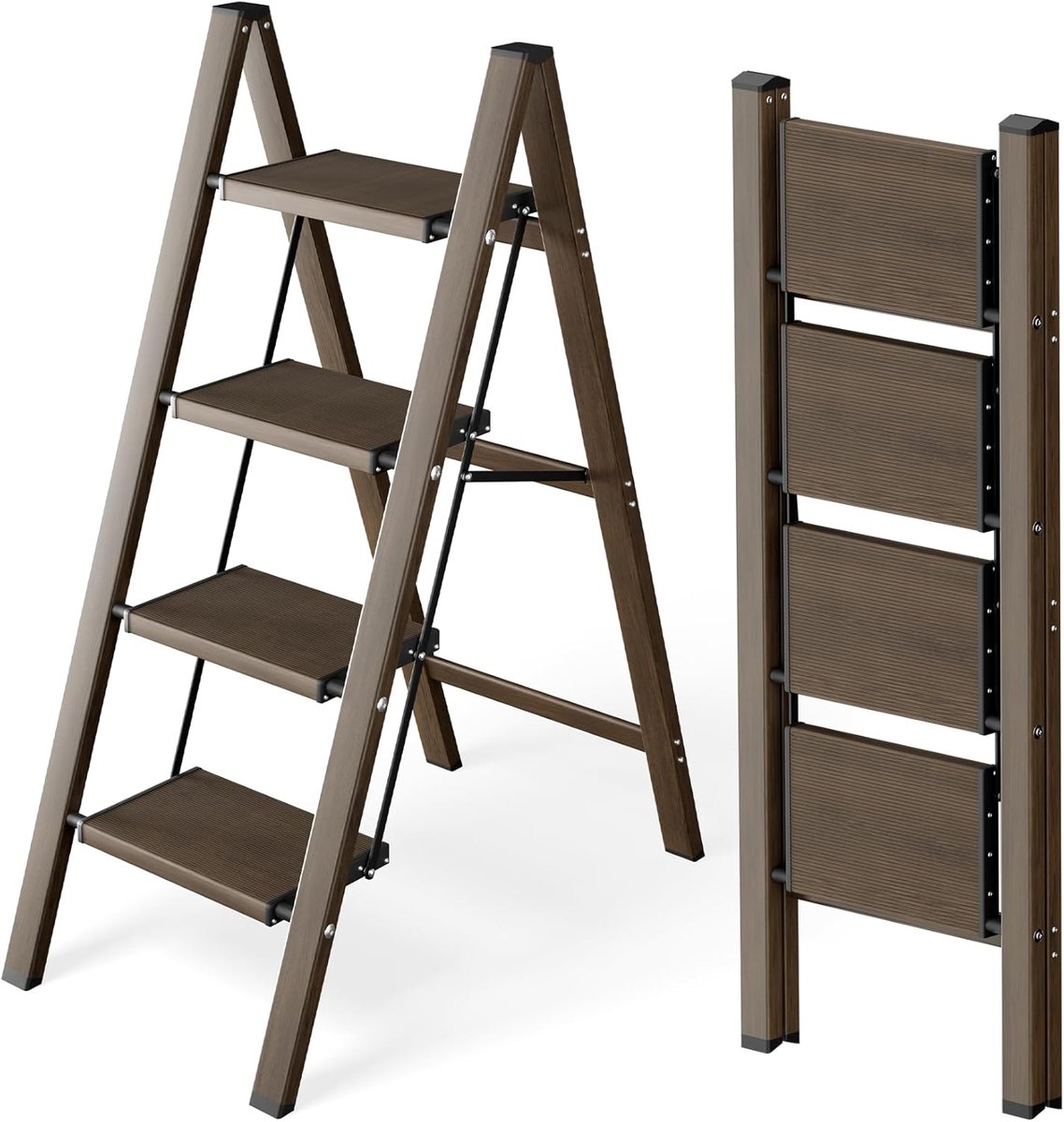 Trapladder 4 Treden - Opstapkruk Vouwladder - Veilig Klussen - Ruimtebesparend Inklapbaar - 150 kg Capaciteit - Walnoot Look