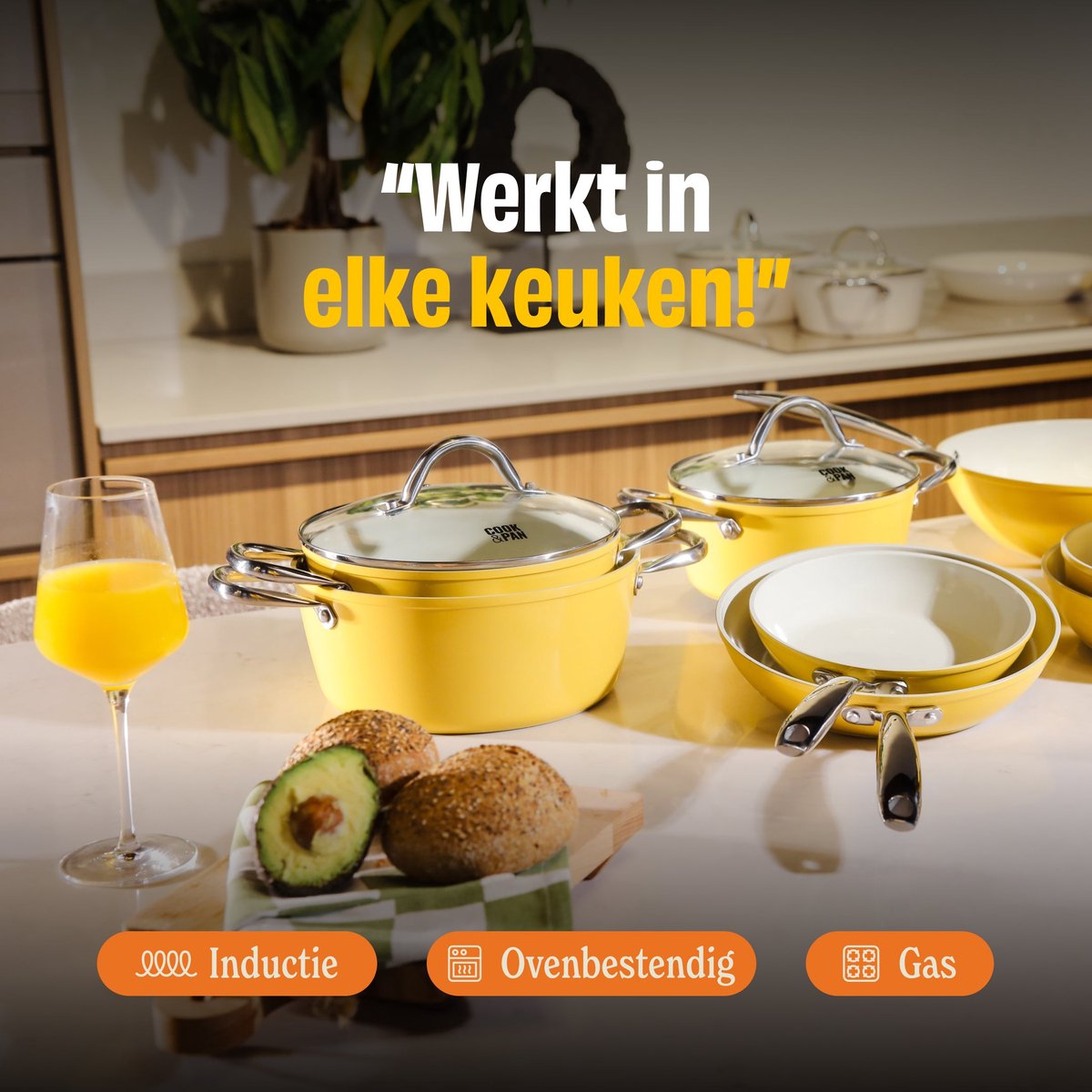 Cook & Pan 9-Delige Pannenset Sunny Side Geel - PFAS vrij - Alle Warmtebronnen - Pannen Set met 7 jaar Garantie - Krasbestendige Anti Aanbaklaag - Vaatwasserbestendig - Gas, Inductie, Elektrisch, Oven - Koekenpan, Wokpan, Steelpan, Hapjespan, Kookpot – foto 8