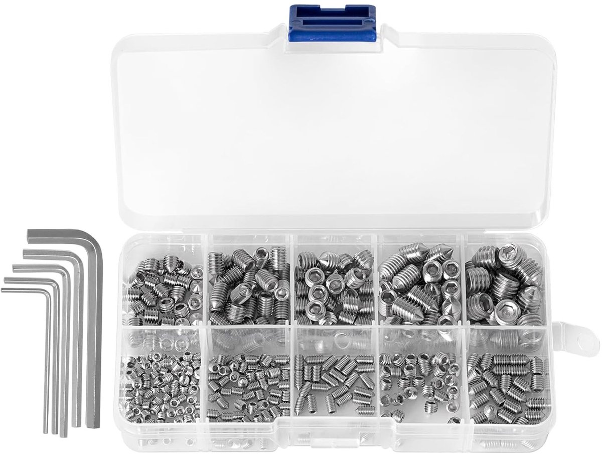 Gemengde set van 370 cone point maggot schroeven, roestvrij staal, metrische schroeven M3 M4 M5 M6 M8 en 5 hex sleutels voor veelzijdig gebruik