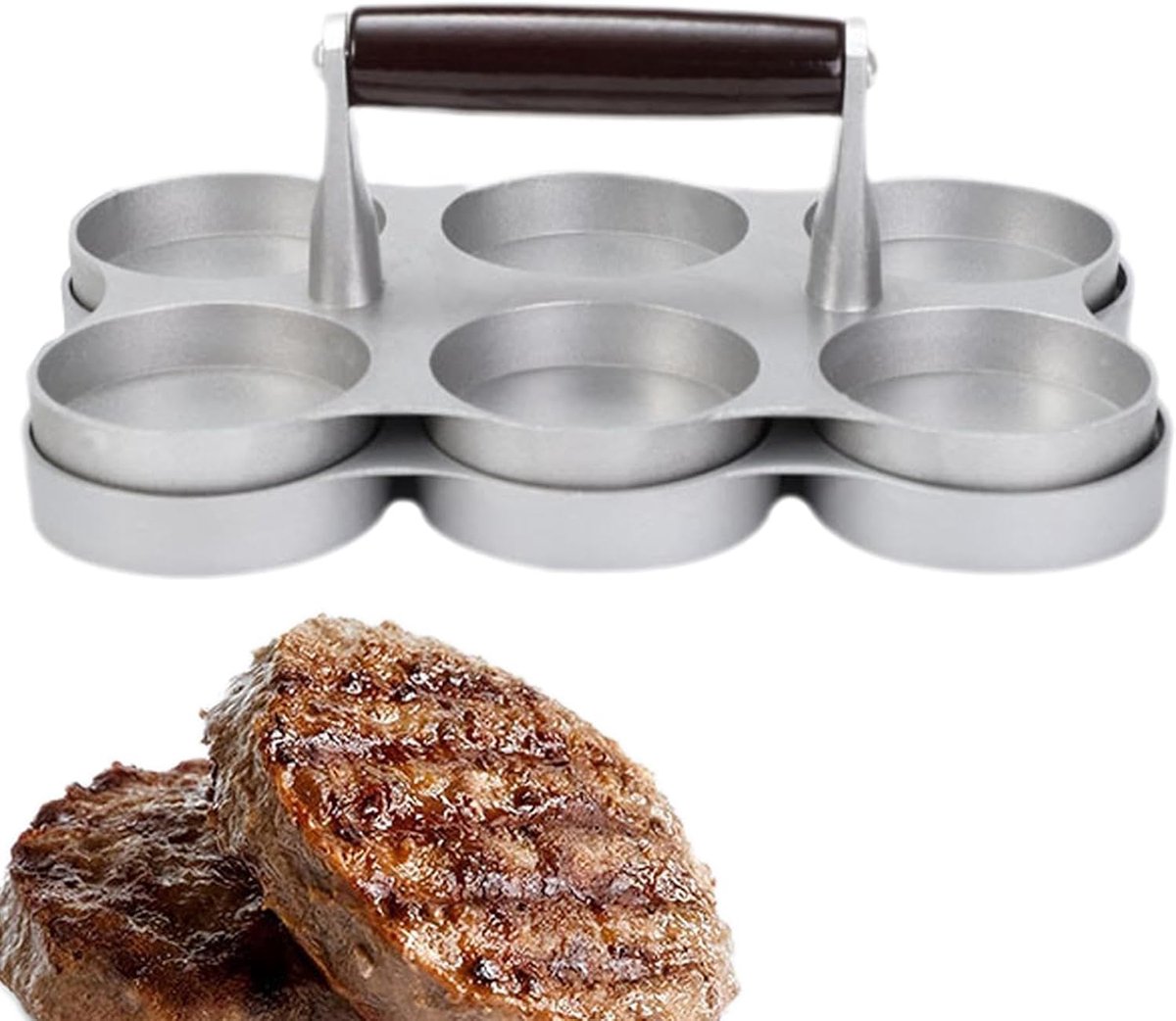Vlees Patty Maker - Hamburger Pers - Burgers Maken - 6 Ronde Vormen - 23.4 x 15.6 cm - Zilver