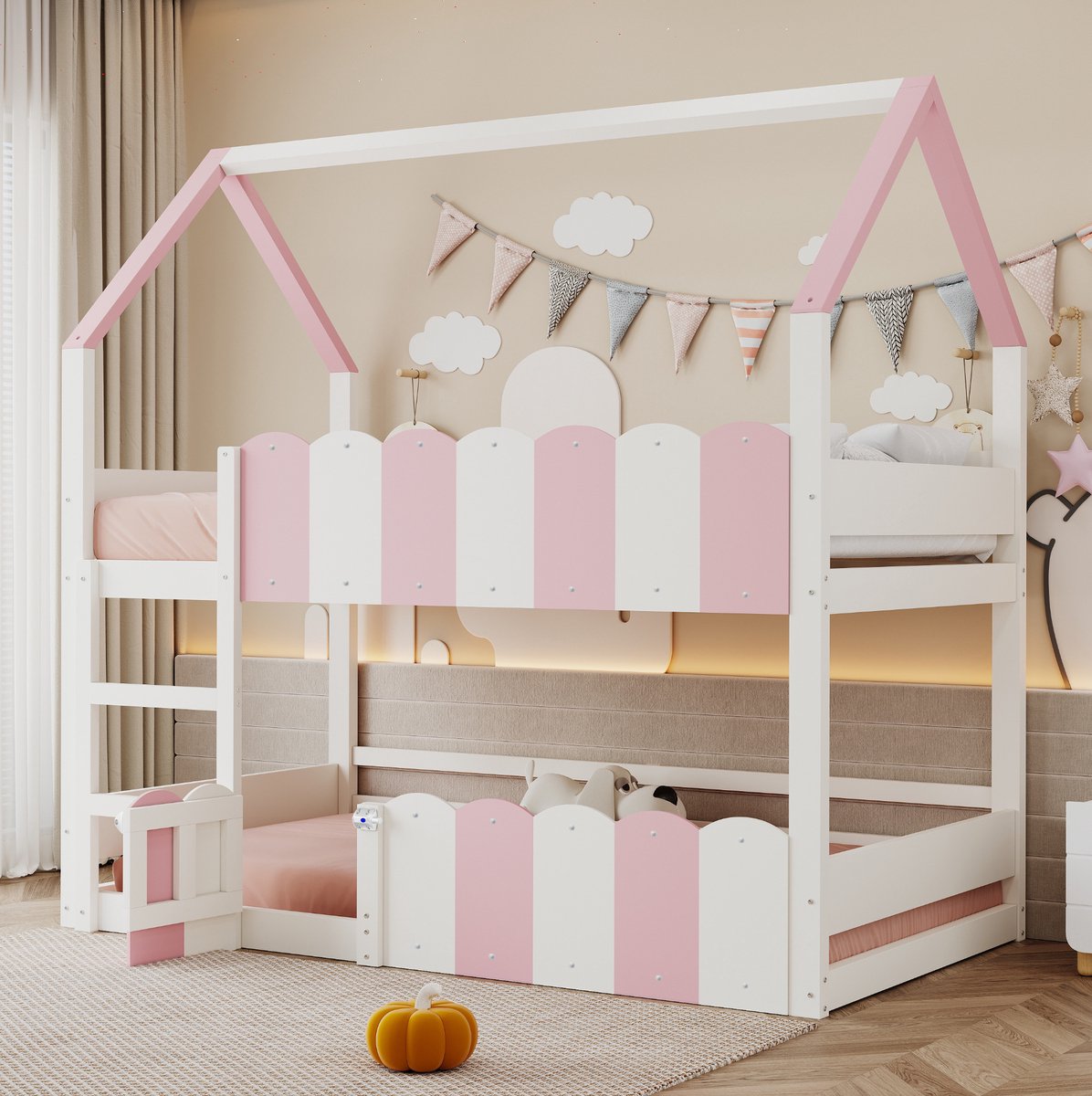 MEUNIQ Kinder stapelbed 90x200 cm in huisvorm met ladder, verhoogde veiligheidshekken, lattenbodem boven en onderruimte met deur voor de kinderkamer in roze en wit