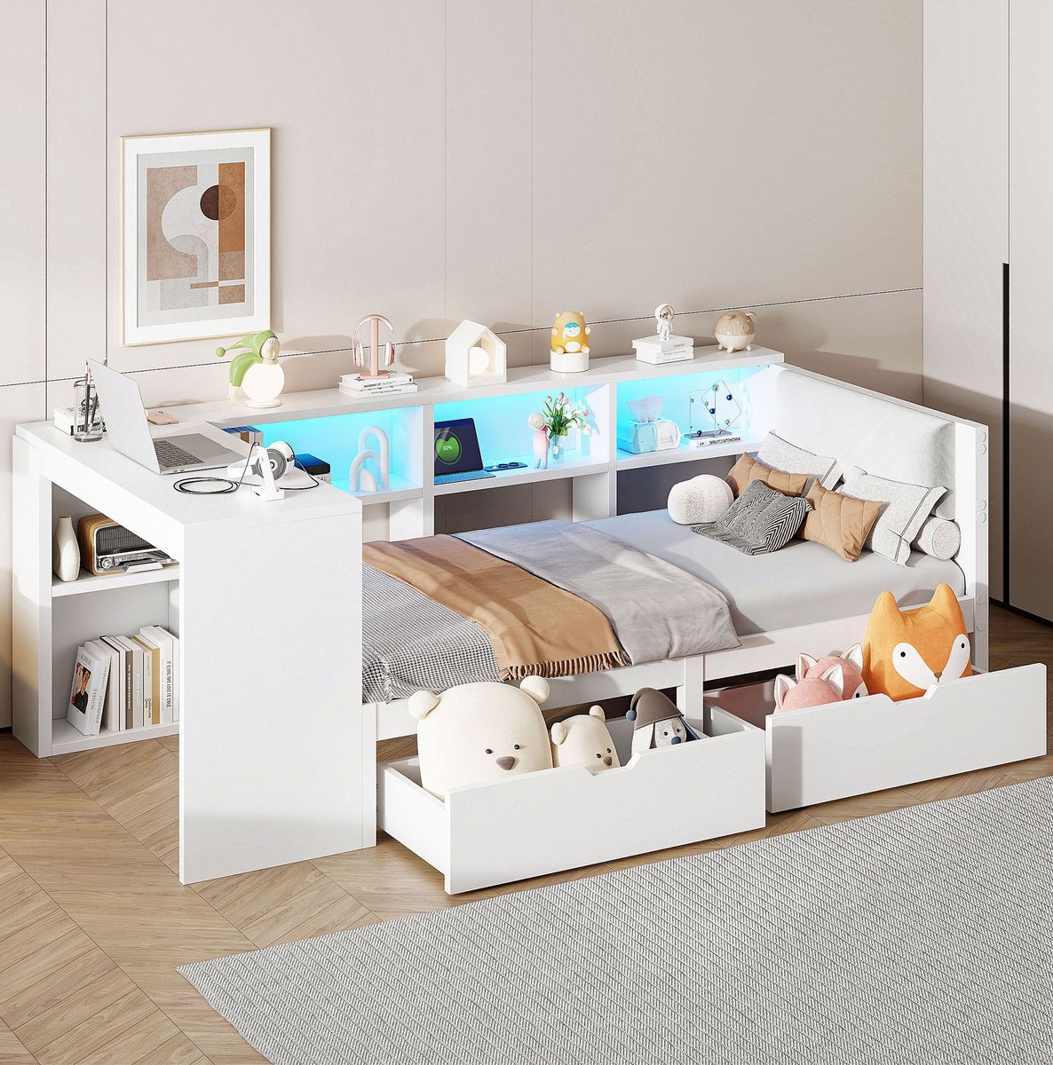 MEUNIQ platformbed 90x200 cm met gestoffeerd hoofdbord, opbergvakken, 2 lades, LED-verlichting, laadstation met stopcontacten en USB, wit