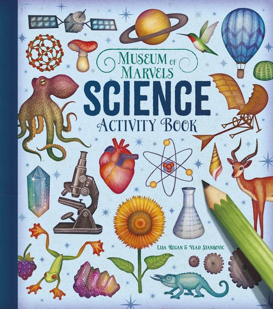 Museum of Marvels: Science Activity Book, met illustraties van een octopus, kikker, hert, kolibrie, atoommodel, hart, microscoop, planten en planeten.