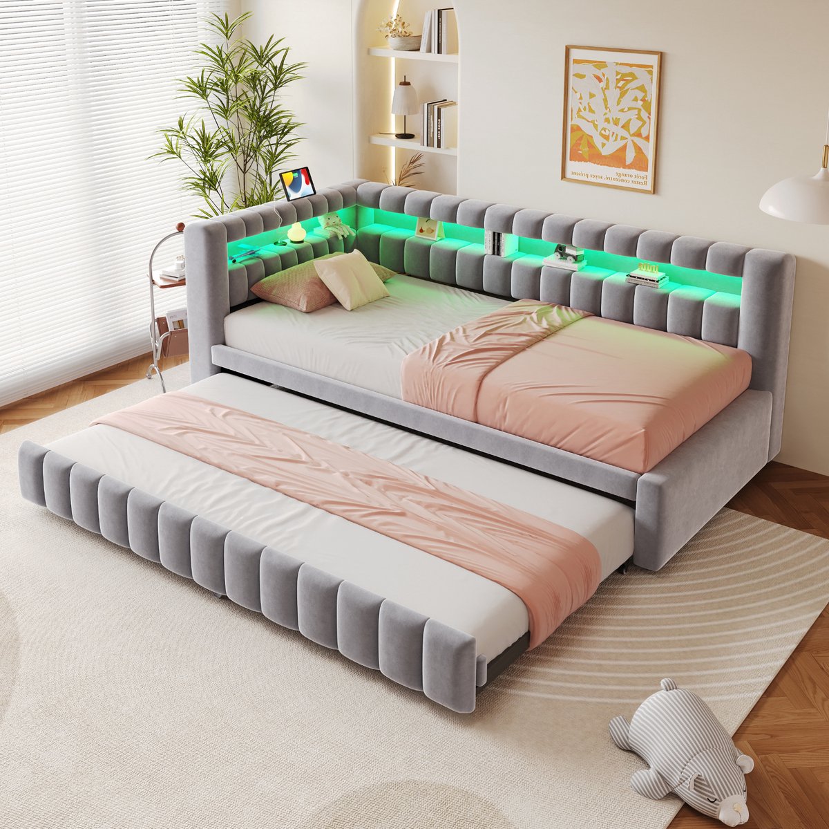 MEUNIQ slaapbank 90x200 cm met uitschuifbed, LED-verlichting, USB en Type-C, opbergvakken in hoofd- en rugdeel, lattenbodem, lichtgrijs