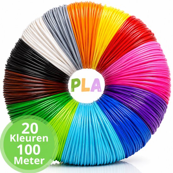 Wiel van 20 gekleurde PLA-filamenten, 100 meter. Met tekst '20 Kleuren 100 Meter'.