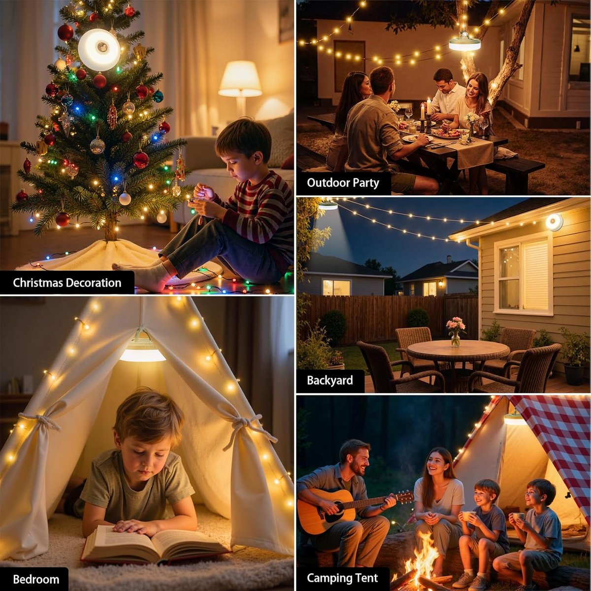 COZYVENT 5 Watt Hoge Helderheid Oprolbare 4-in-1 camping verlichting, draagbaar, oplaadbaar met 7 lichtstanden, waterdichte camping lamp met lange batterijduur voor kamperen, wandelen, decoratie, tuin en buiten, meerkleurig (10 m)