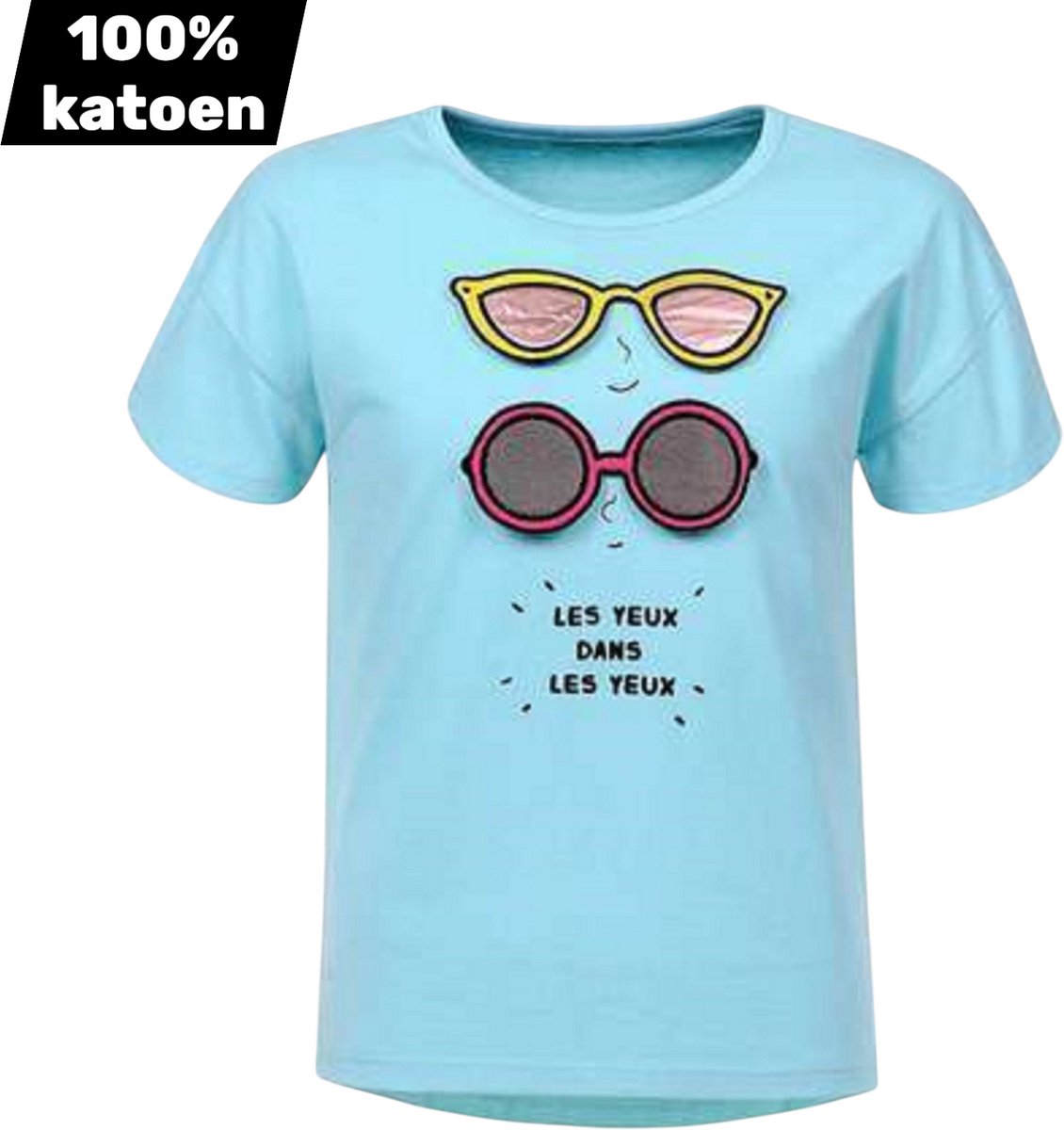 T-shirt 100% katoen blauw zonnebril 116