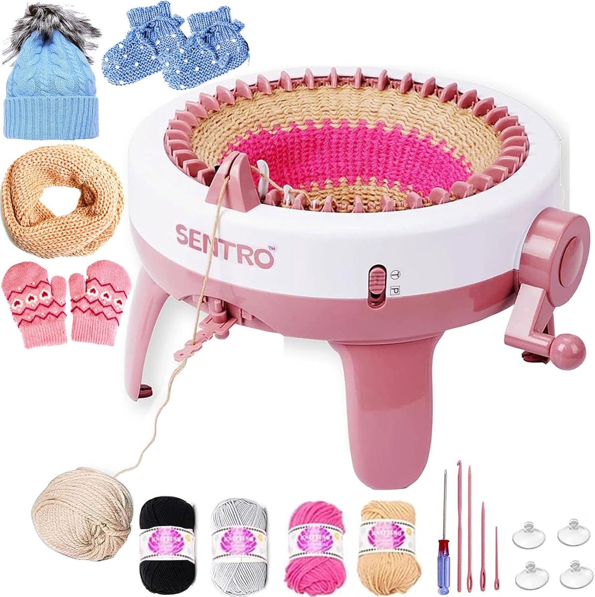 Breimachine 48 naalden - Weefgetouw machine - Handwerk creëren - Roterende steektechniek - 16 inch breed - Roze Wit
