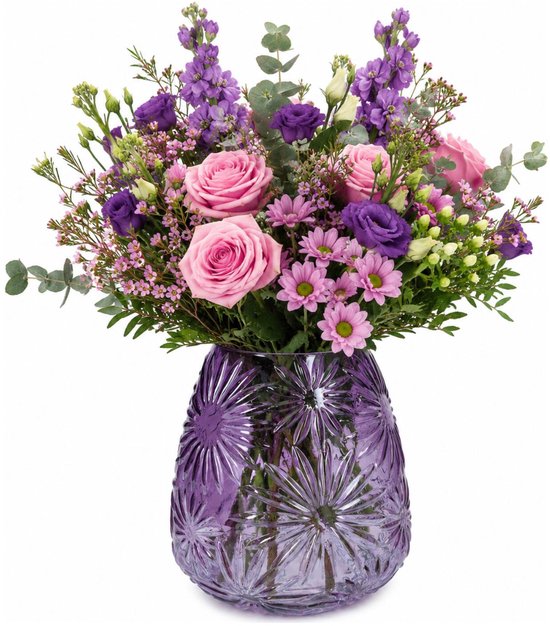 Plume Living Vaas Floran - transparant paars - D20 x H25 cm - glas - bloemenvaas - voor stelen en boeketten