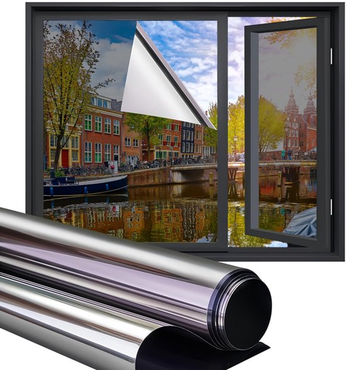 Raamisolatiefolie - 60 x 100 cm - hitte- en warmte-isolerend - privacybescherming - dubbelzijdig zilver - eenrichtingsspiegelende privacyfolie voor glas