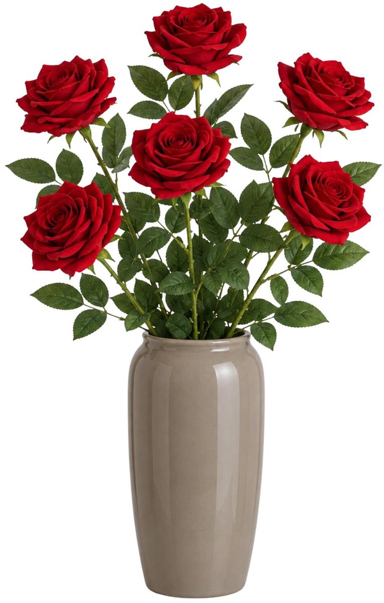 Bellatio Design Kunstbloem Roos Dijon - 6x - 64 cm - rood - zijde kunstbloemen - Boeket - stelen - rozen