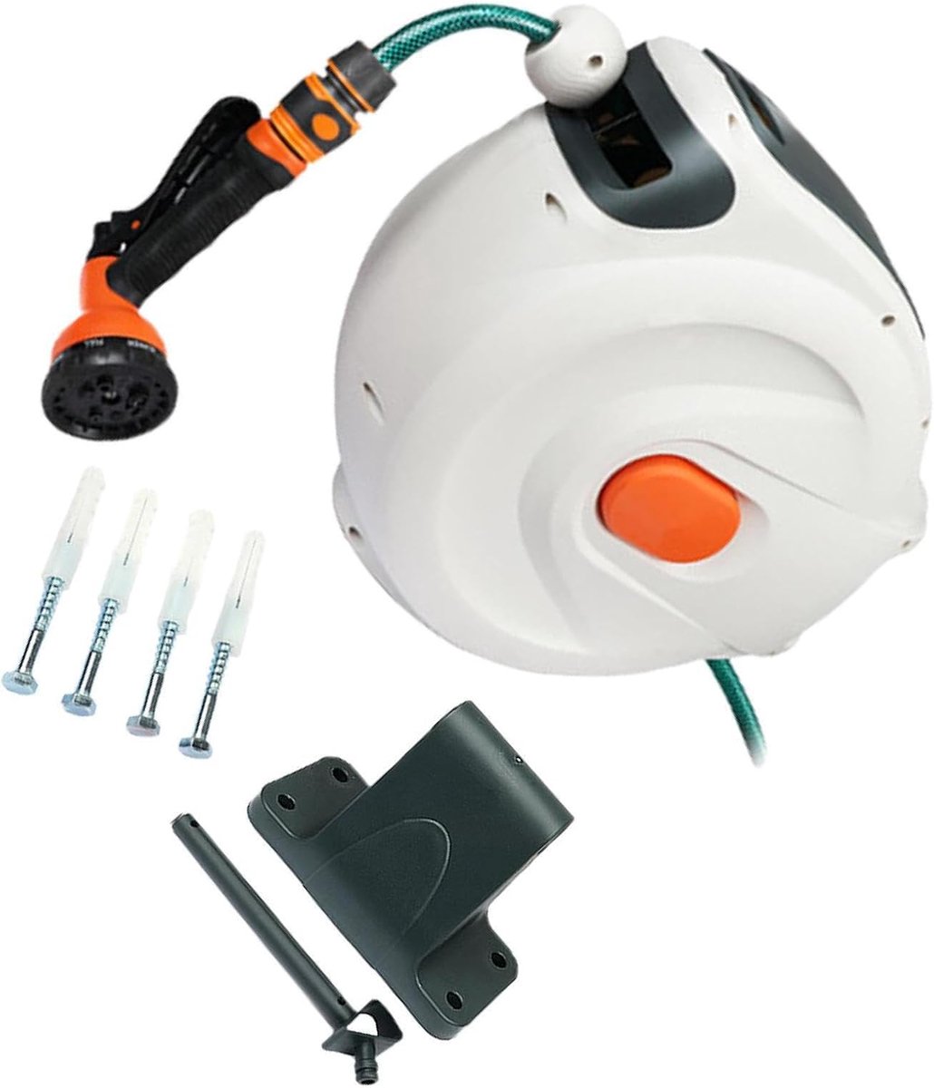 Muurbevestigde slanghaspel - Intrekbare haspel - Tuin bewateren - Automatisch oprollen - 10m slang - Grijs