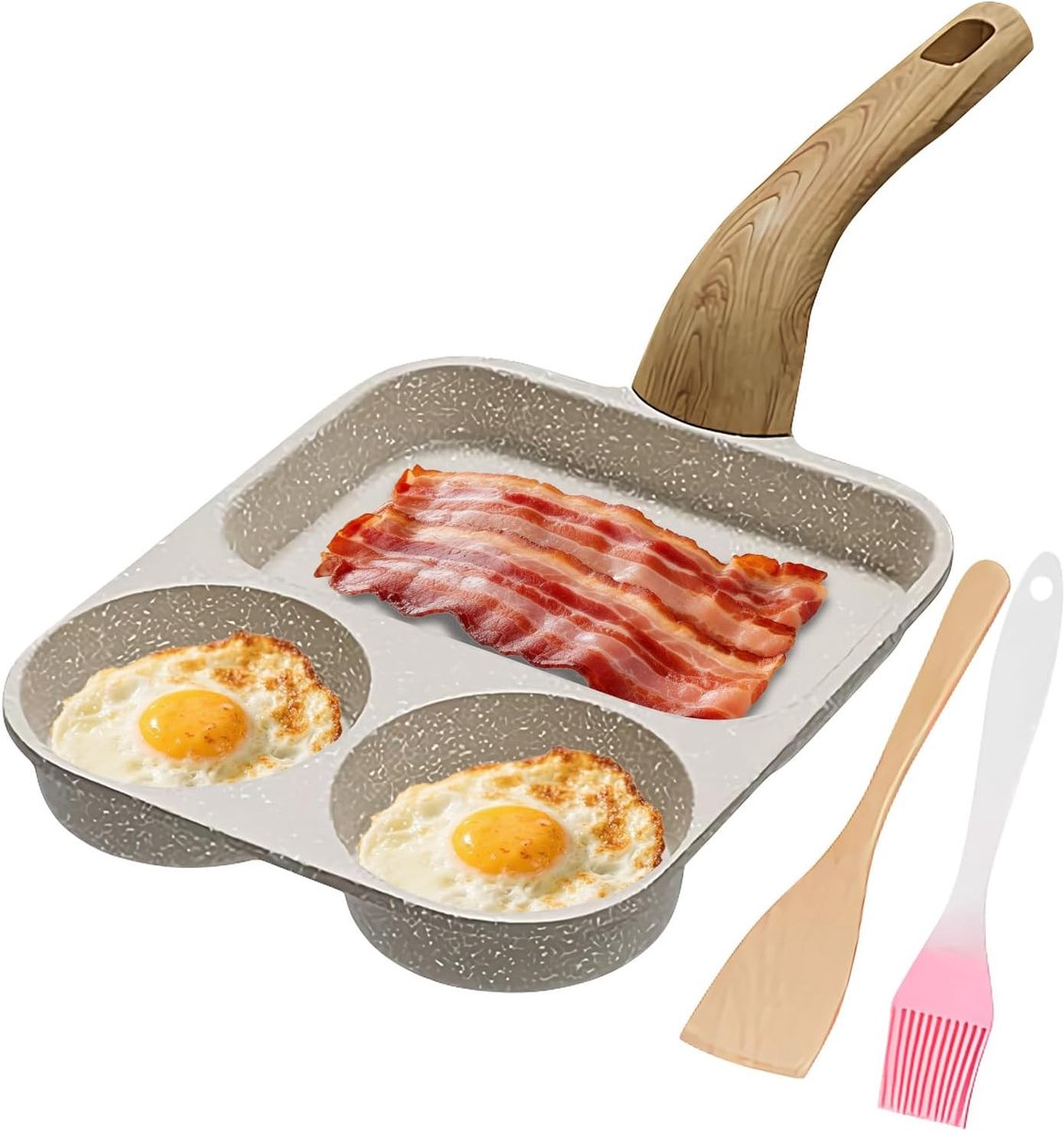 Eierpan met 3 vakken - Omeletpan Koekenpan - Ontbijt Bereiden - Antiaanbaklaag - 39 x 19 cm - Wit