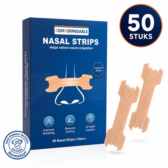 Verpakking met 50 Comformidable neusstrips, huidvriendelijk materiaal.