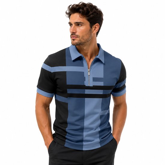 Heren poloshirt met korte mouwen in zwart en blauw met een geometrisch patroon. Zilverkleurige rits.