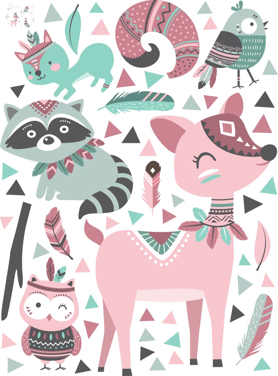 Ambiance Sticker Muurstickers - Dieren en Indiase veren - Zelfklevende stickers - 65x50cm Multi color