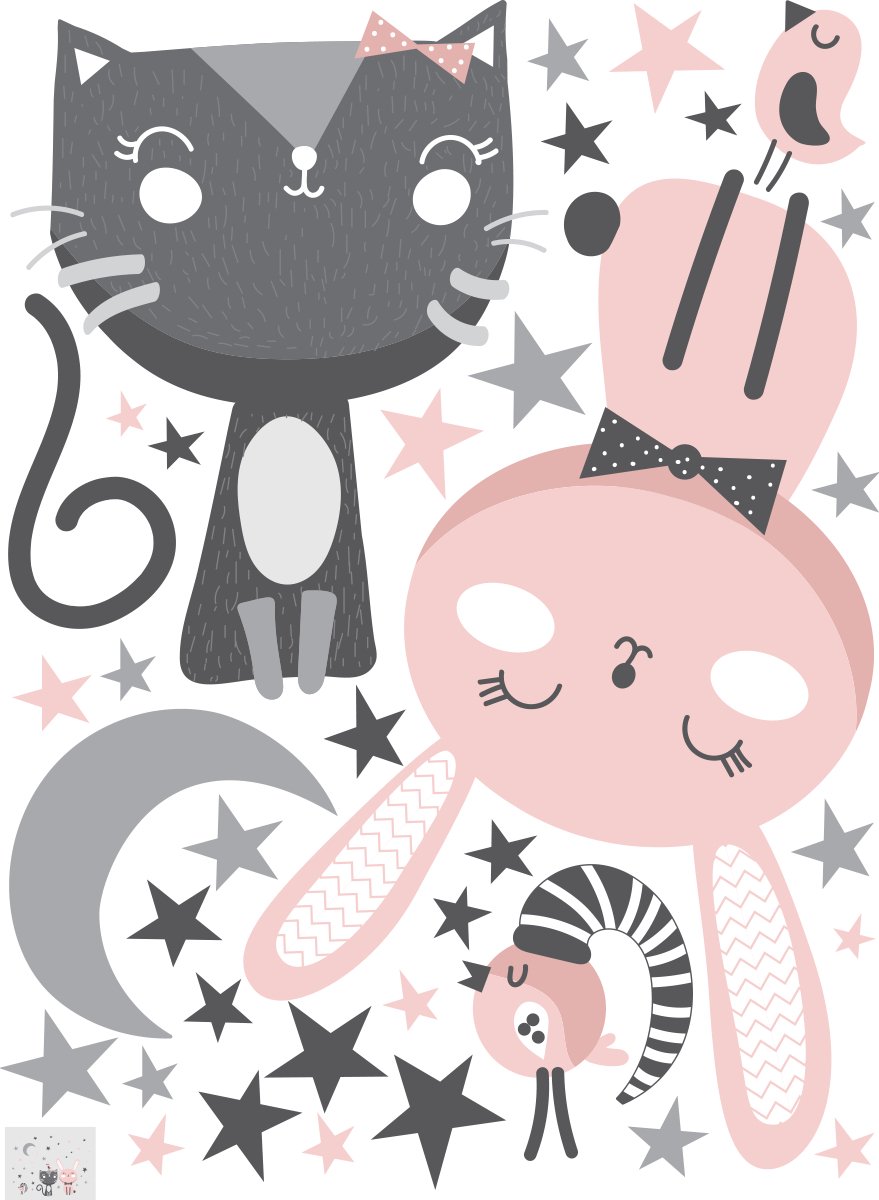 Ambiance Sticker Muurstickers - Kat, konijn en vogels tussen de sterren - Zelfklevende stickers - 55x40cm Multi color