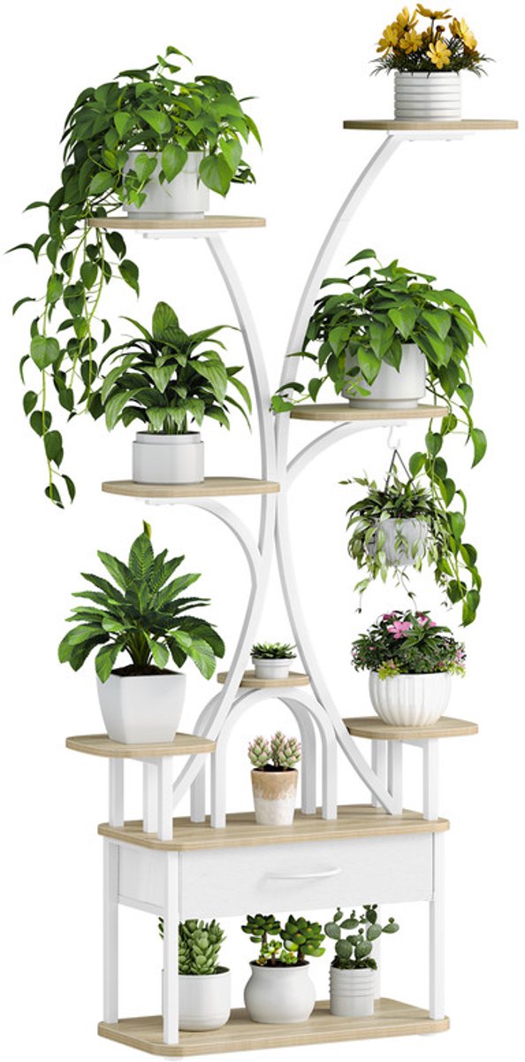 Hzuaneri Plantenstandaard met Groeilamp, 9-Laags Bloemenstandaard met 4 R-G LED-Lampen, Kleur en Timing Instelbaar, 164 cm, Ideaal voor Woonkamer, Balkon, Tuin, Wit