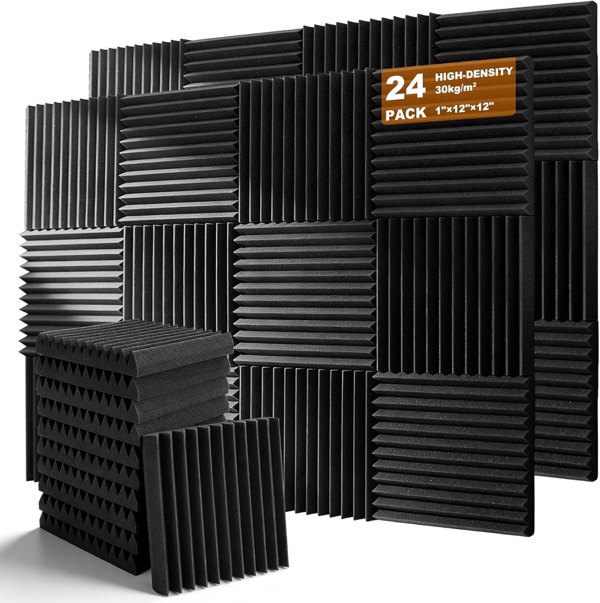 Pack of 24 Acoustic Foam, 30 x 30 x 2.5 cm, Black Polyurethane High Density Acoustic Foam Boards, Triangular Groove - ShopVlot
