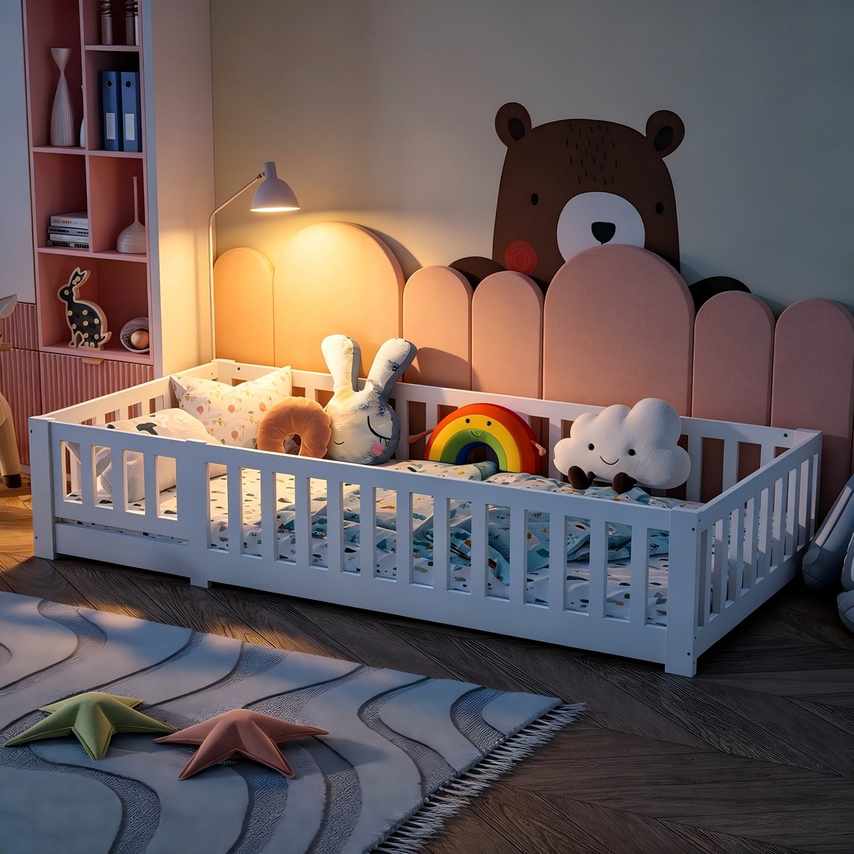 ROSAHQNDA Kinderbed - 80x160 cm - vloerbed met lattenbodem en veiligheidshekjes - wit