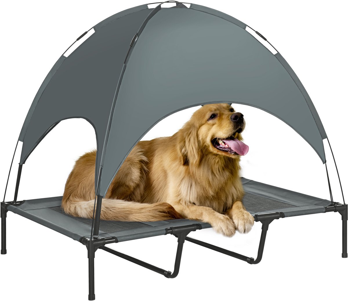 Verhoogd bed voor huisdieren met parasol - outdoorbed met ademend net- ademend Oxford-katoen-metaalframe met UV-bescherming - inclusief opbergtas - 122 x 92 x 108 cm grijs