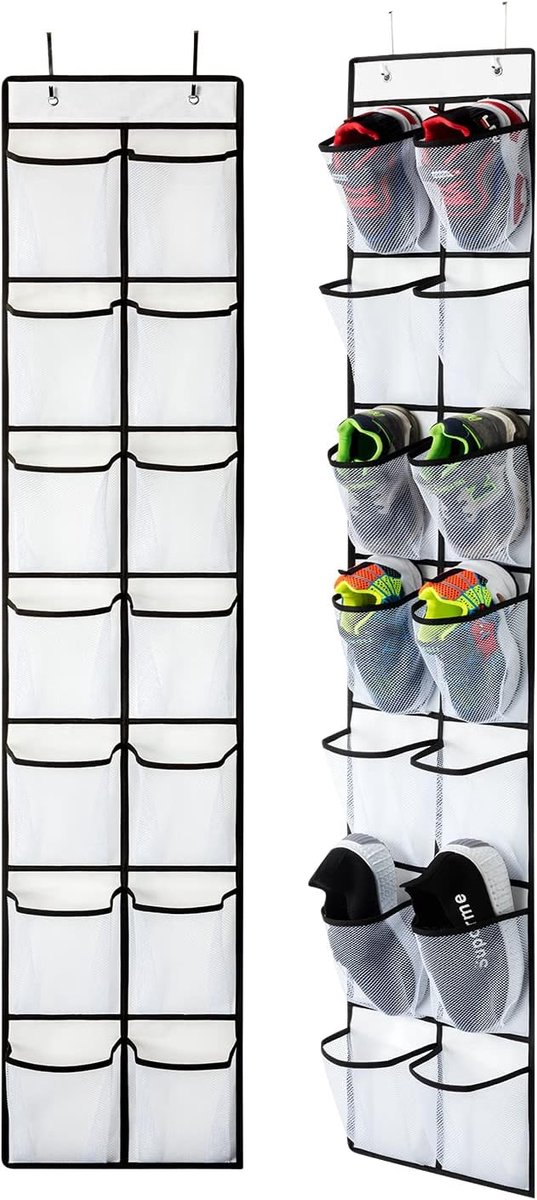 KZQ Wandgemonteerde schoenenorganizer - schoenenorganizer met 14 vakken - Opbergen van Schoenen aan Deur - met 2 haken - non-woven stof - 165 x 30 cm - wit