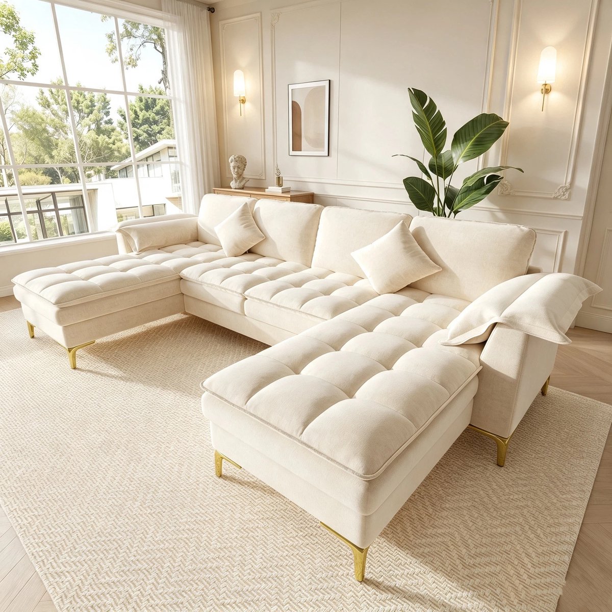 Woonkamer Hoekbank, U-Bank, 4-Zits bank, U-Vormige Hoekbank, Modulair Ontwerp Voor 4 Personen Met Wolkachtig Design En Dubbellaagse Schuimkussens, Inclusief 2 Chaise Longues, 2 Kussens, Gouden Metalen Poten, Chenille Bekleding, Beige