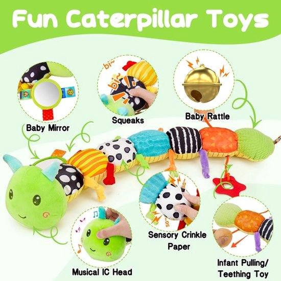 Casalora Buikligtrainer Baby - Sensorisch Knuffelspeelgoed met Geluid en Texturen & Muzikale - Pluche Rupsenthema - Geschikt vanaf 0 Maanden van casalora — afbeelding 4
