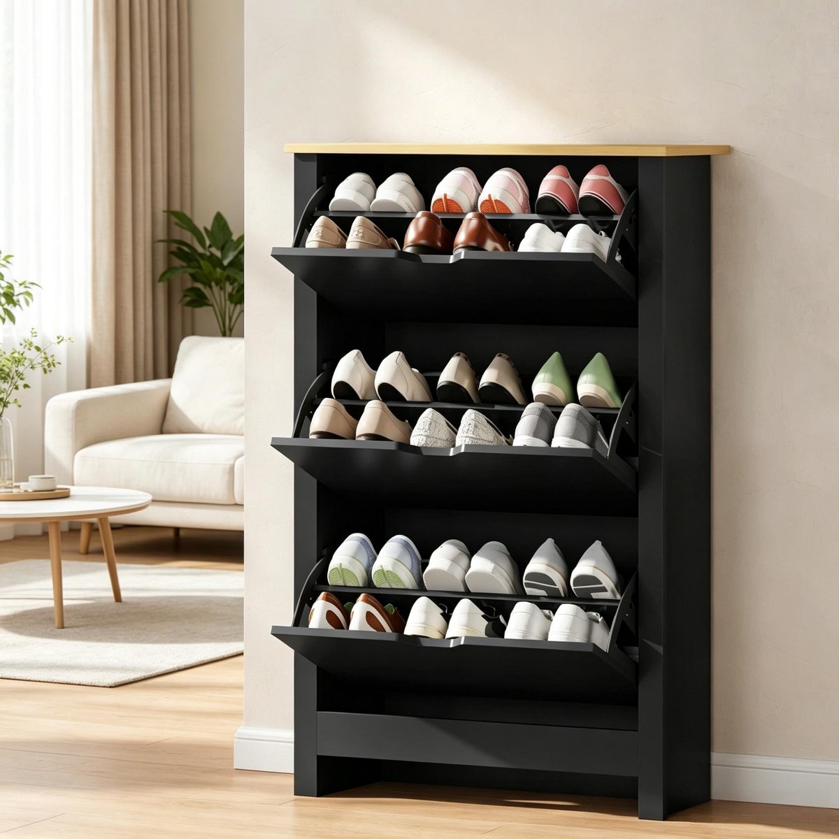 MIVRAY Schoenenkast - Modern Twee Kleppen Design Met 3 Vakken - Voor Hal En Dressing - Spaanplaat In Zwart En Naturel Hout - 72x26x112 Cm