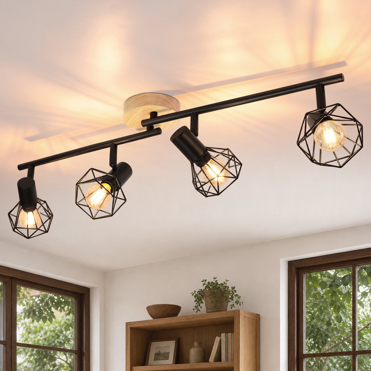 NETTLIFE 4-Flammige Plafondspot Zwart met Hout - E14 | 350° Draaibaar | Vintage Industrieel Design | Geschikt voor Woonkamer Keuken & Hal - Zonder Lampen