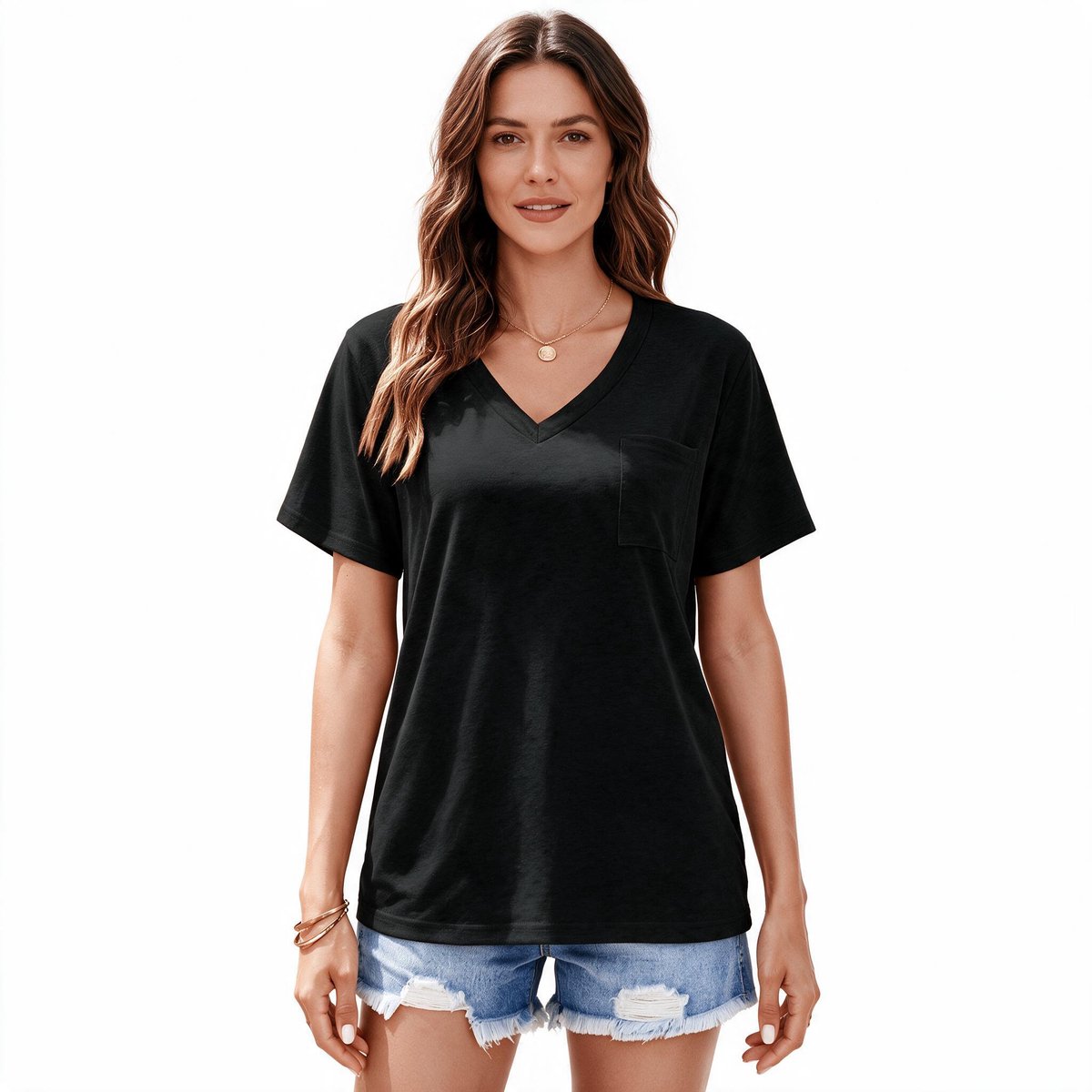 Imily Bela-Dames T-shirt met V-hals en Borstzak – Lichtgrijs – Casual Basic Top